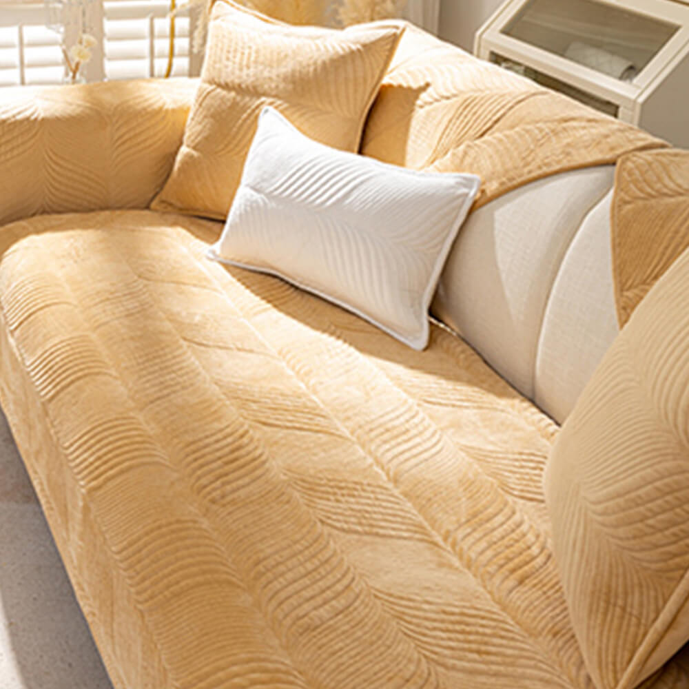 Cozy Leaf-Patterned Plush Couch Cover with Non-Slip Backing