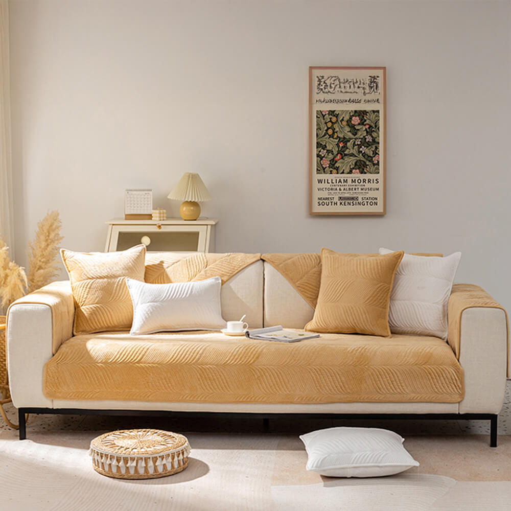 Cozy Leaf-Patterned Plush Couch Cover with Non-Slip Backing