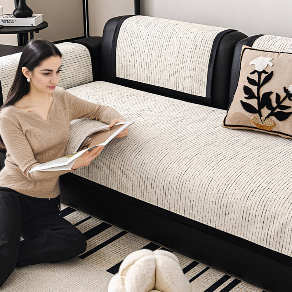 Chic Modern French-Striped Chenille Sofa Cover