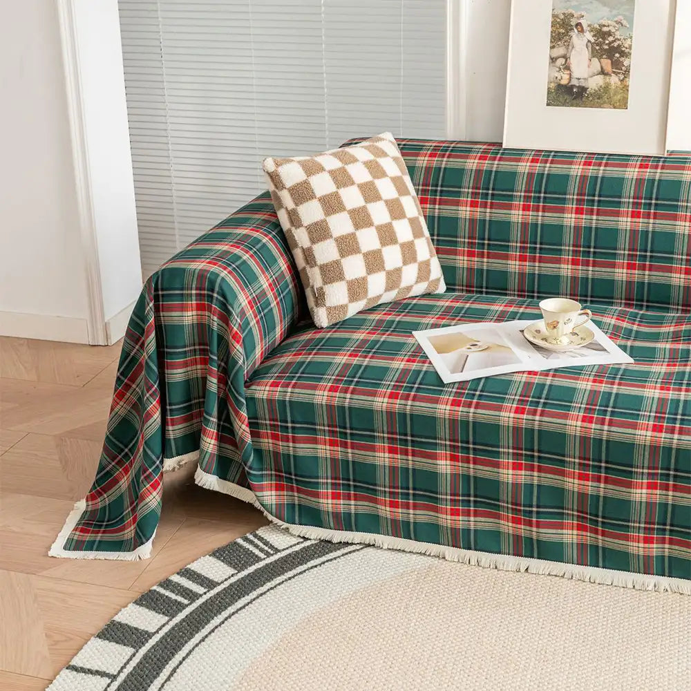Festive Plaid Color-Block Sofa Cover for Stylish Couch Decor