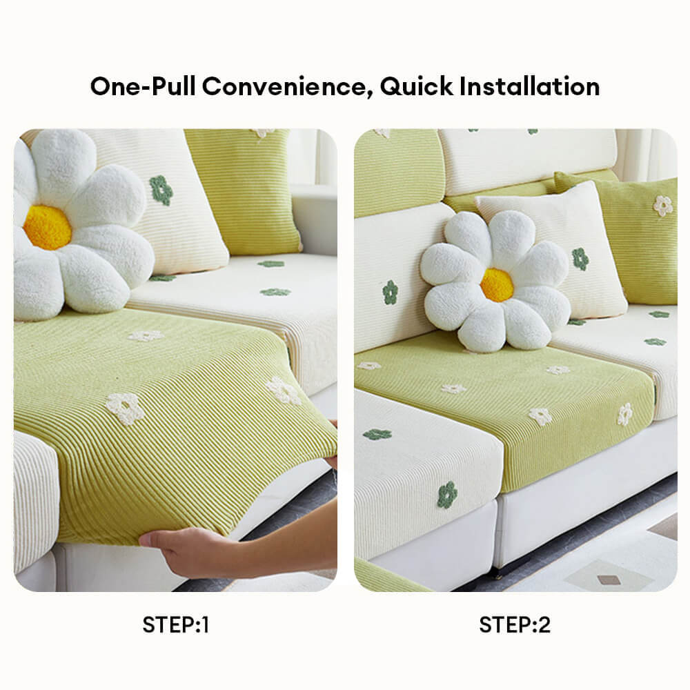 Floral Embroidered Fleece Sofa Cover - Stretchable Anti-Scratch Couch Protector