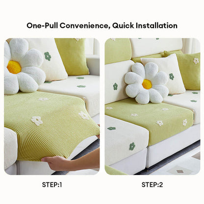 Floral Embroidered Fleece Sofa Cover - Stretchable Anti-Scratch Couch Protector