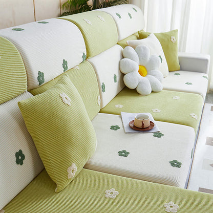 Floral Embroidered Fleece Sofa Cover - Stretchable Anti-Scratch Couch Protector