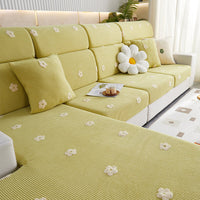 Floral Embroidered Fleece Sofa Cover - Stretchable Anti-Scratch Couch Protector
