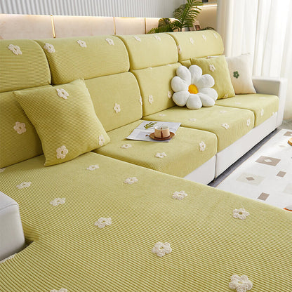 Floral Embroidered Fleece Sofa Cover - Stretchable Anti-Scratch Couch Protector