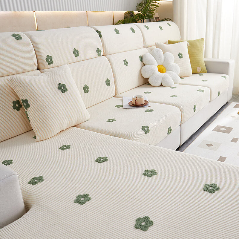 Floral Embroidered Fleece Sofa Cover - Stretchable Anti-Scratch Couch Protector