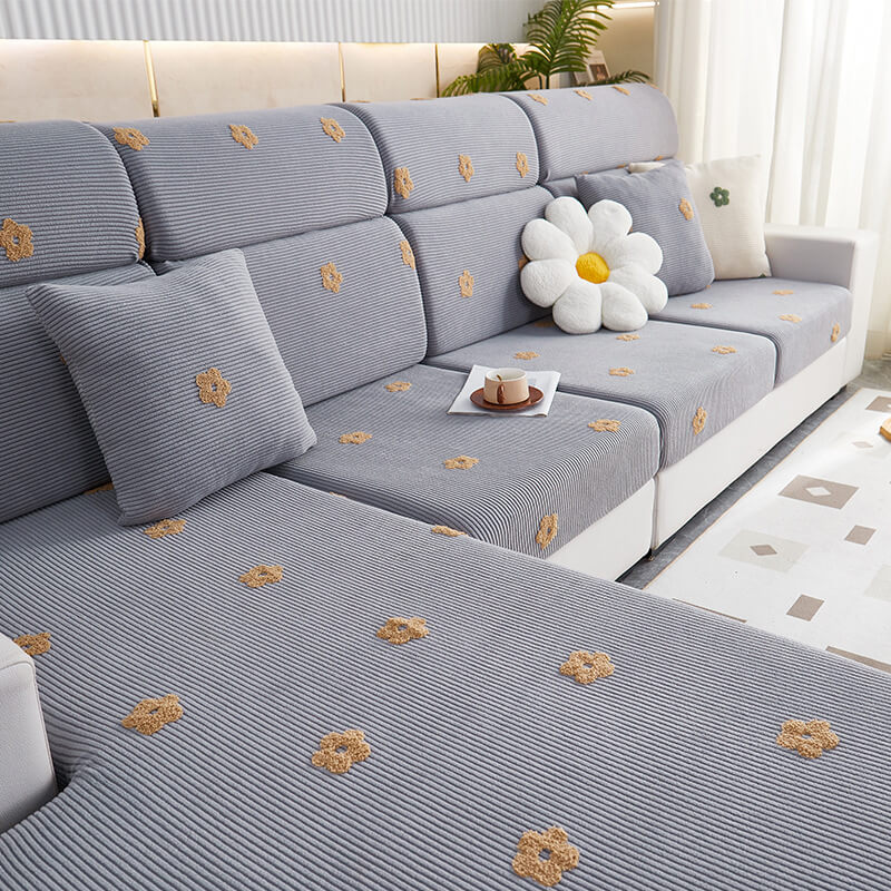 Floral Embroidered Fleece Sofa Cover - Stretchable Anti-Scratch Couch Protector