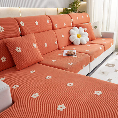 Floral Embroidered Fleece Sofa Cover - Stretchable Anti-Scratch Couch Protector