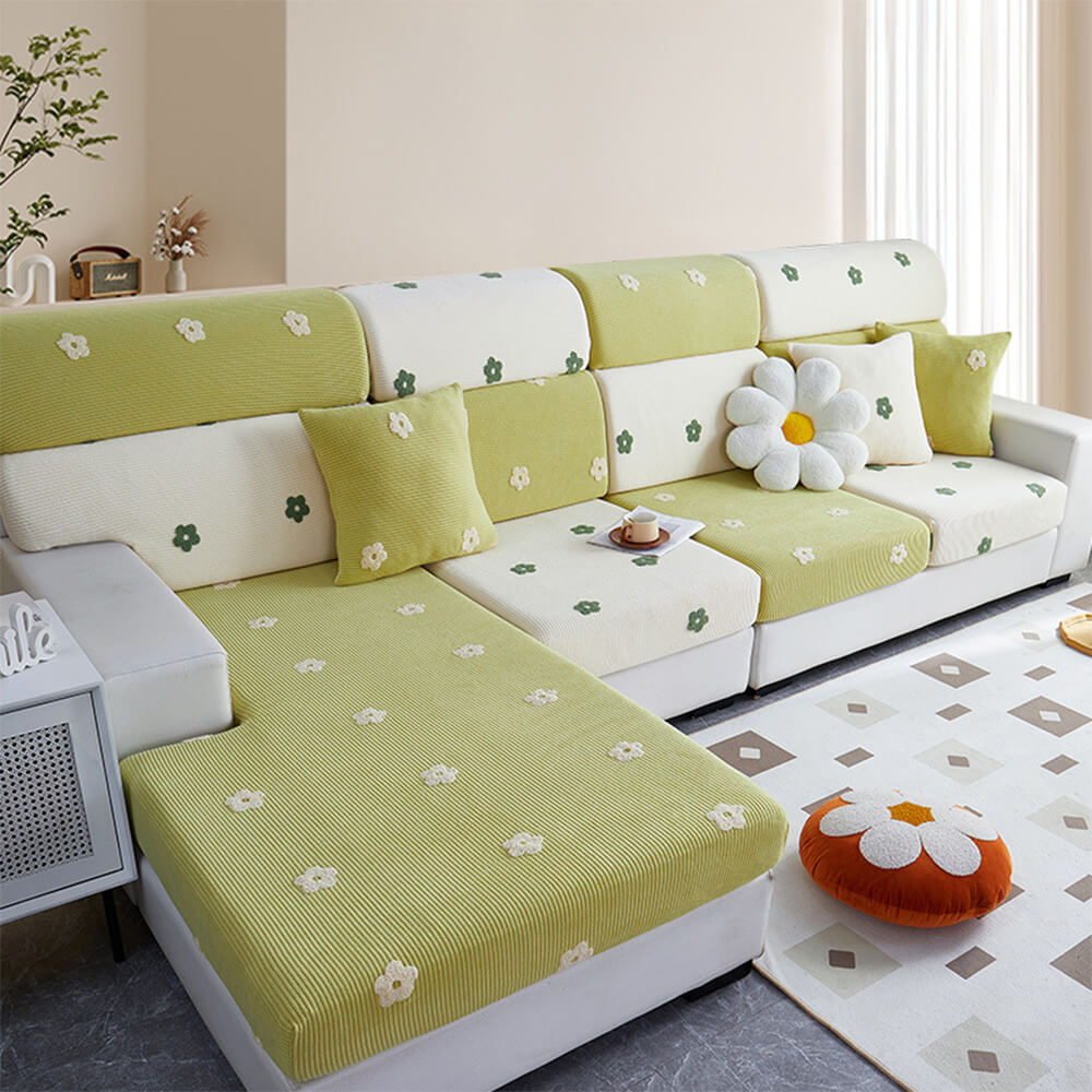 Floral Embroidered Fleece Sofa Cover - Stretchable Anti-Scratch Couch Protector