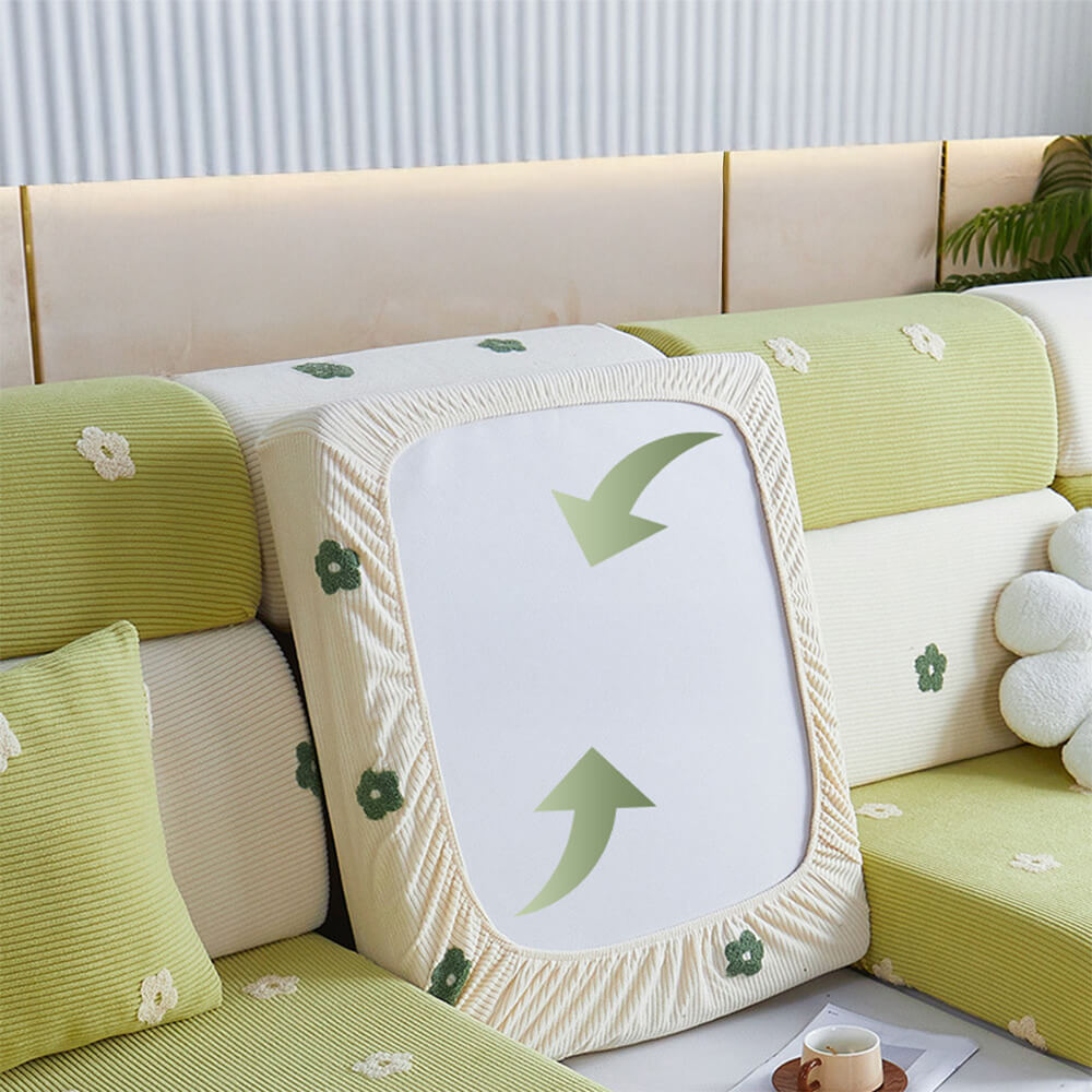 Floral Embroidered Fleece Sofa Cover - Stretchable Anti-Scratch Couch Protector