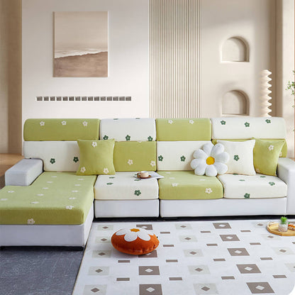Floral Embroidered Fleece Sofa Cover - Stretchable Anti-Scratch Couch Protector
