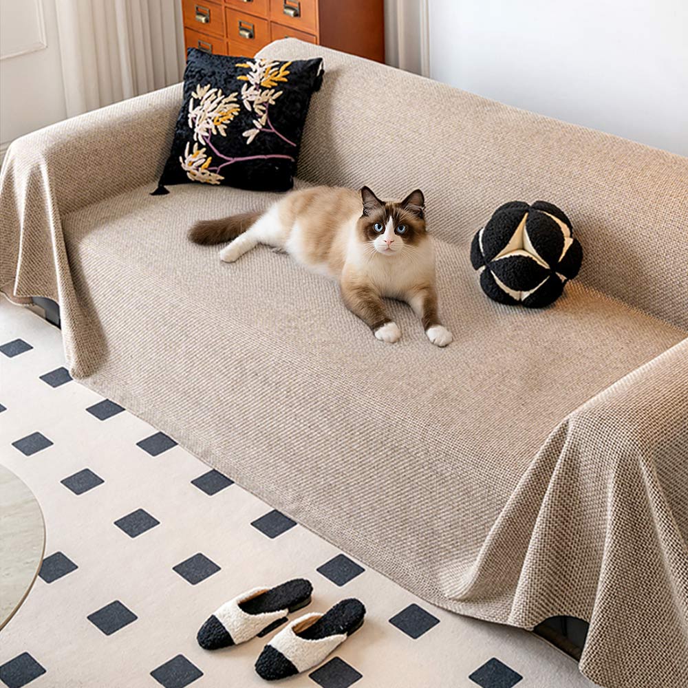 Breathable Linen-Look Woven Throw Couch Cover — Scratch-Resistant & Durable Sofa Protection