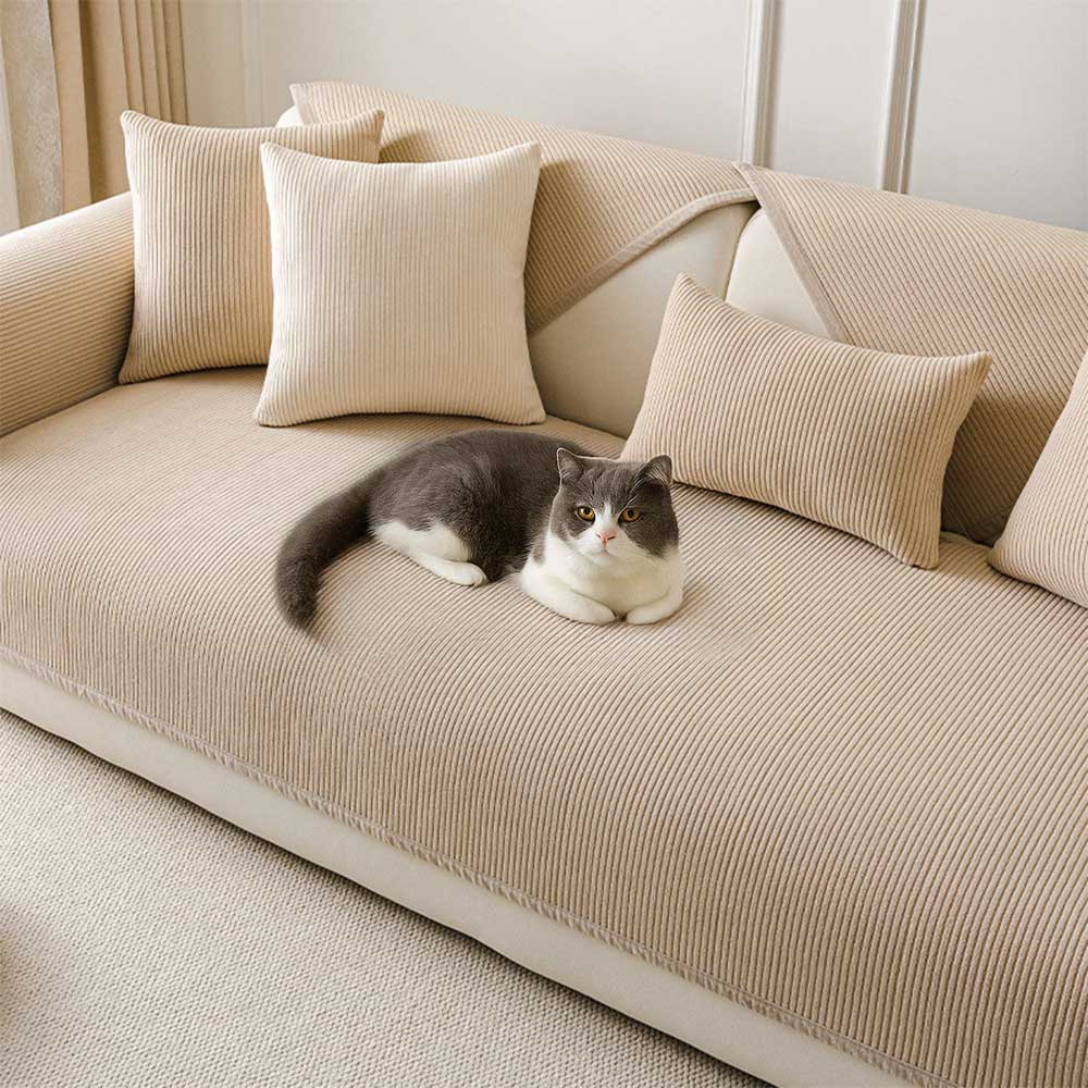 Cozy Contemporary Cream Vertical Stripe Fleece Couch Cover for All Seasons