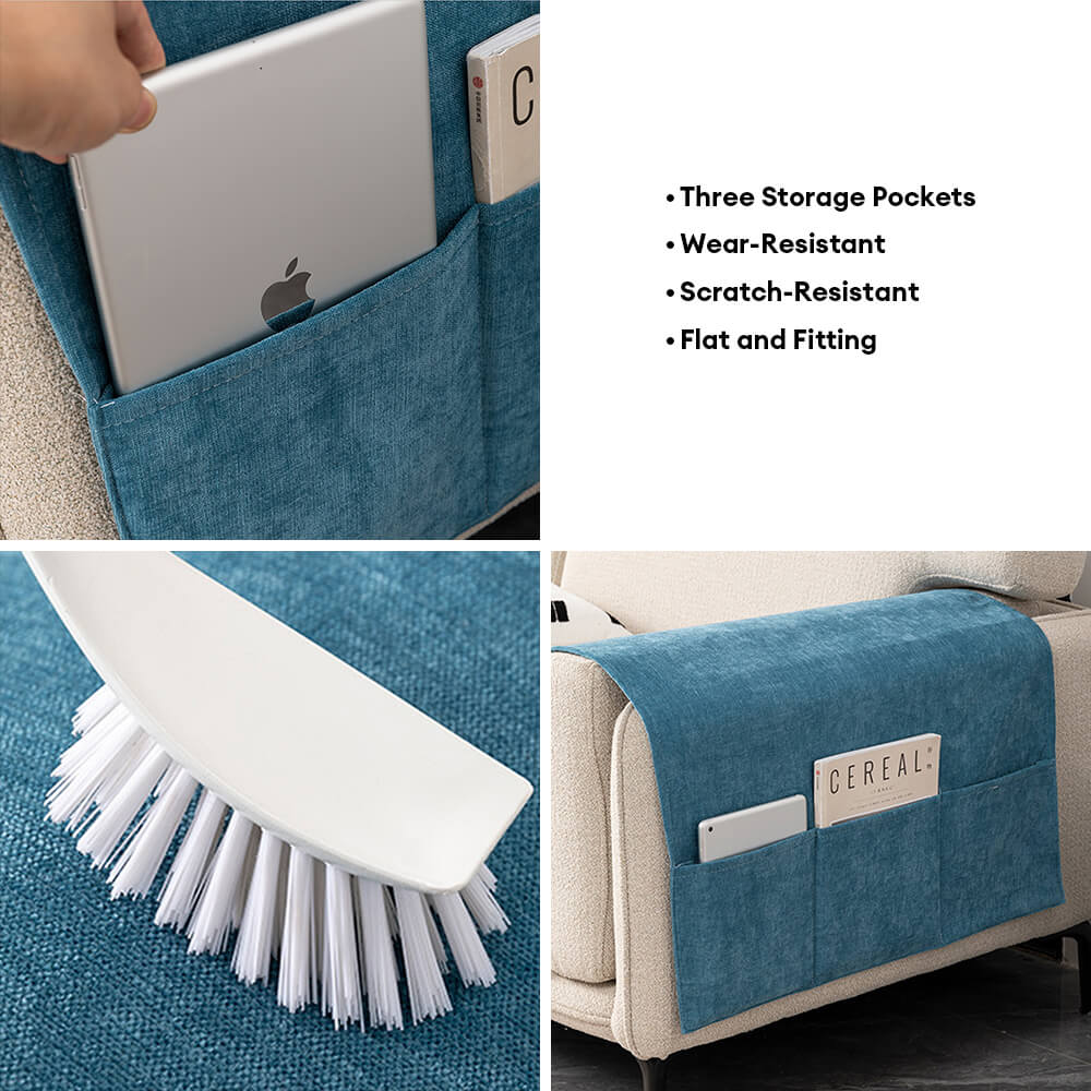 Chenille Sofa Armrest Protector - Anti-Scratch Cover with Built-In Magazine Holder