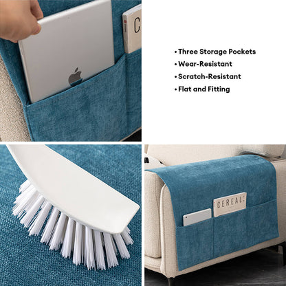 Chenille Sofa Armrest Protector - Anti-Scratch Cover with Built-In Magazine Holder