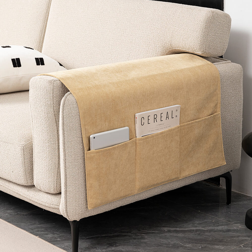 Chenille Sofa Armrest Protector - Anti-Scratch Cover with Built-In Magazine Holder