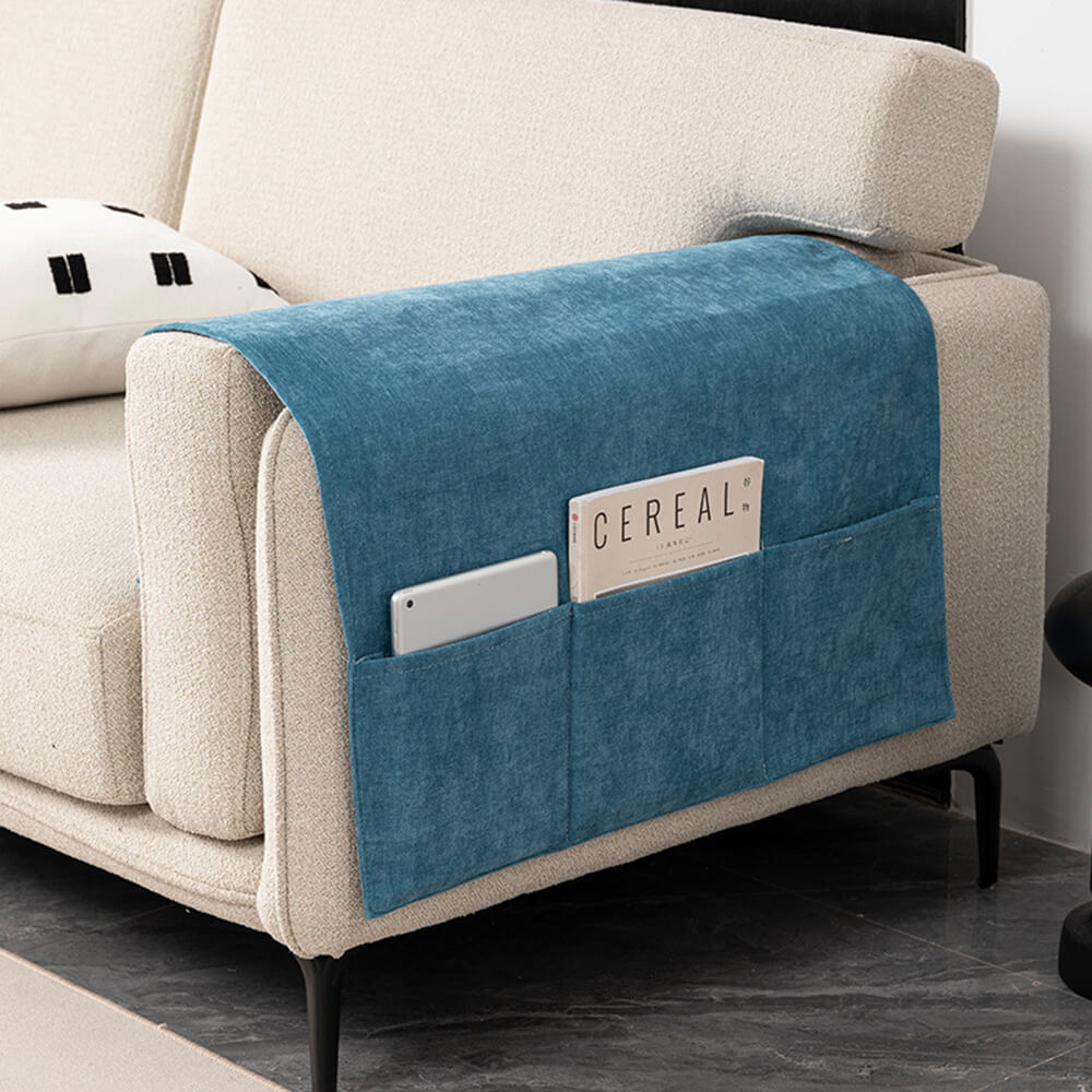 Chenille Sofa Armrest Protector - Anti-Scratch Cover with Built-In Magazine Holder