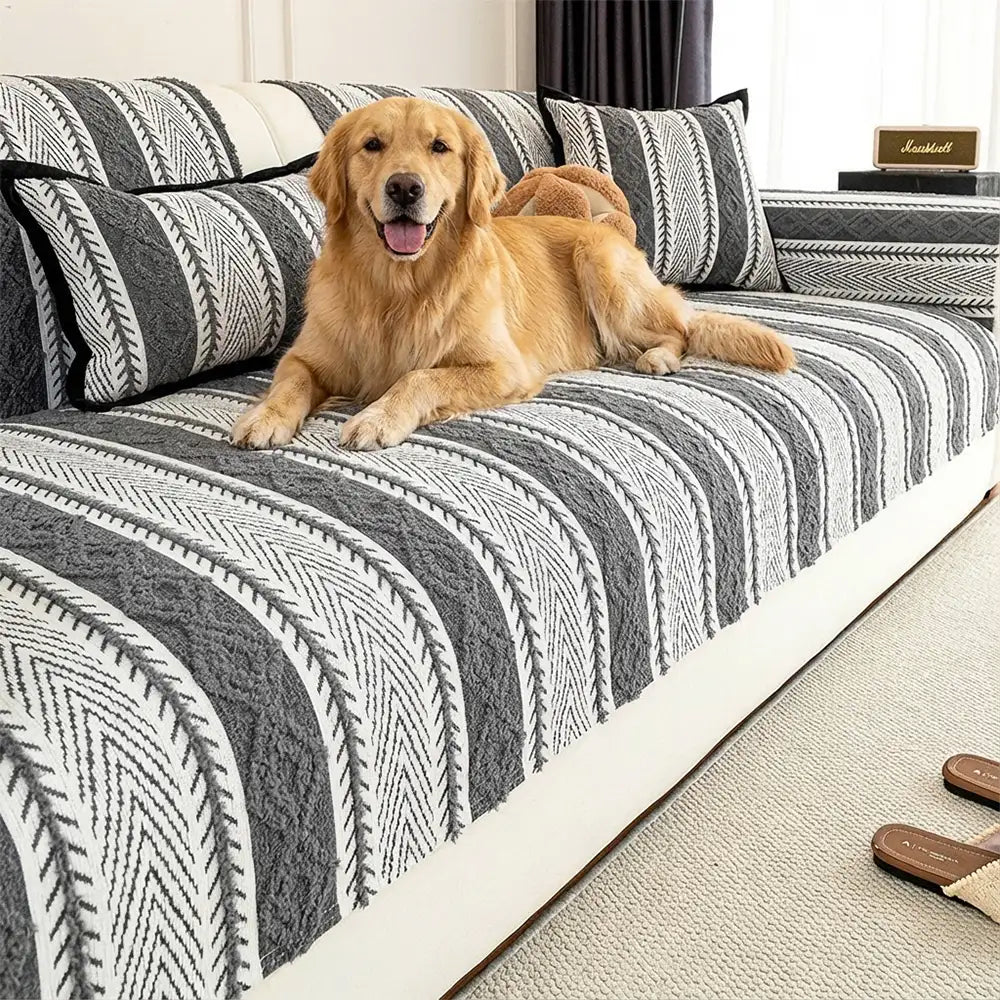 Color-Block Striped Chenille Non-Slip Couch Cover — All-Season Protection and Cozy Fit