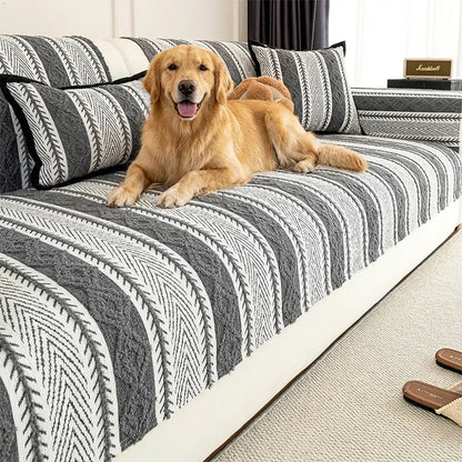 Color-Block Striped Chenille Non-Slip Couch Cover — All-Season Protection and Cozy Fit