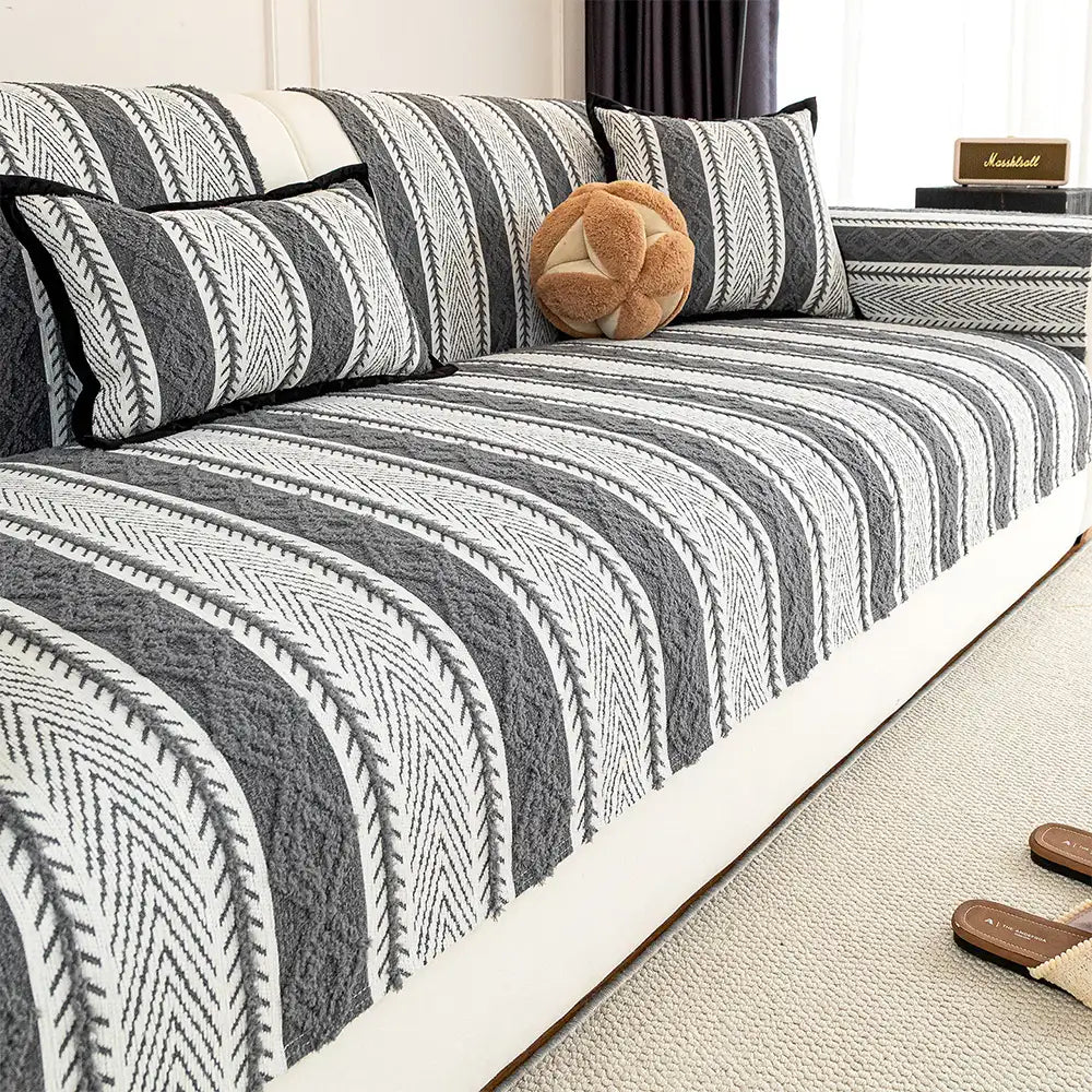 Color-Block Striped Chenille Non-Slip Couch Cover — All-Season Protection and Cozy Fit