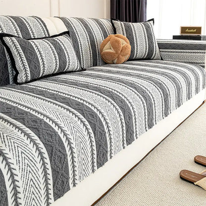 Color-Block Striped Chenille Non-Slip Couch Cover — All-Season Protection and Cozy Fit