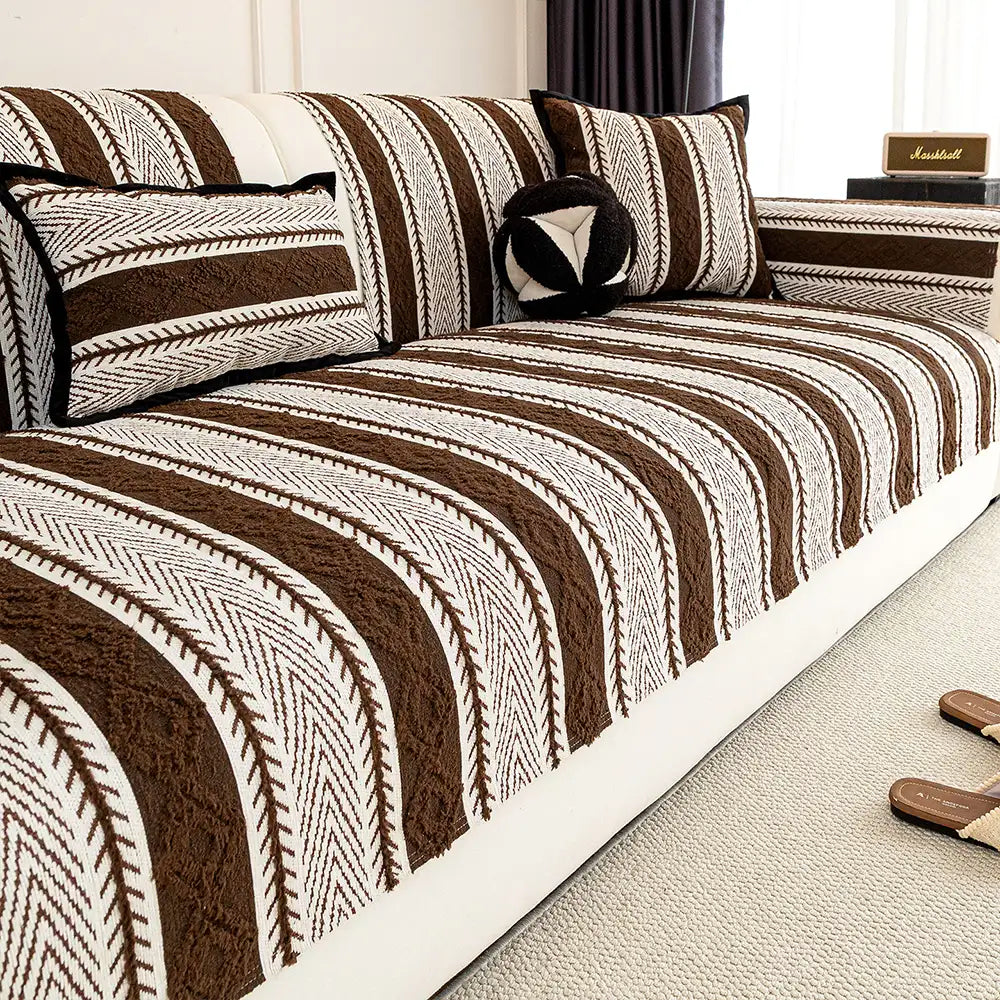 Color-Block Striped Chenille Non-Slip Couch Cover — All-Season Protection and Cozy Fit