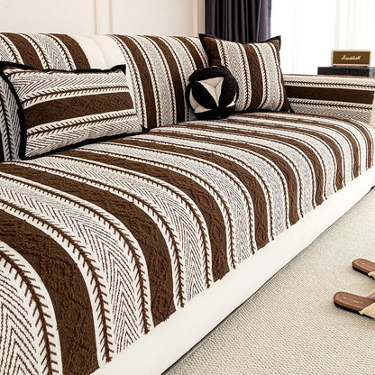 Color-Block Striped Chenille Non-Slip Couch Cover — All-Season Protection and Cozy Fit