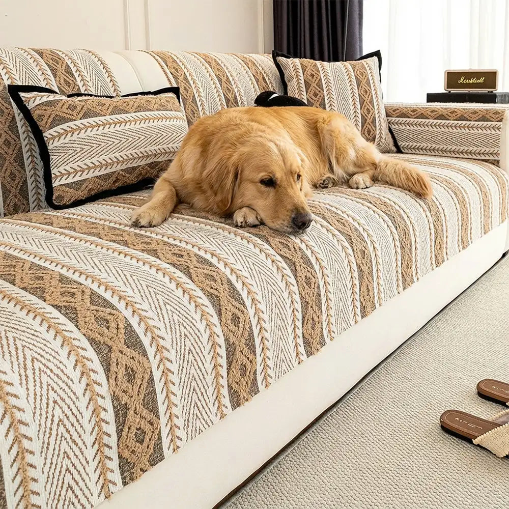 Color-Block Striped Chenille Non-Slip Couch Cover — All-Season Protection and Cozy Fit