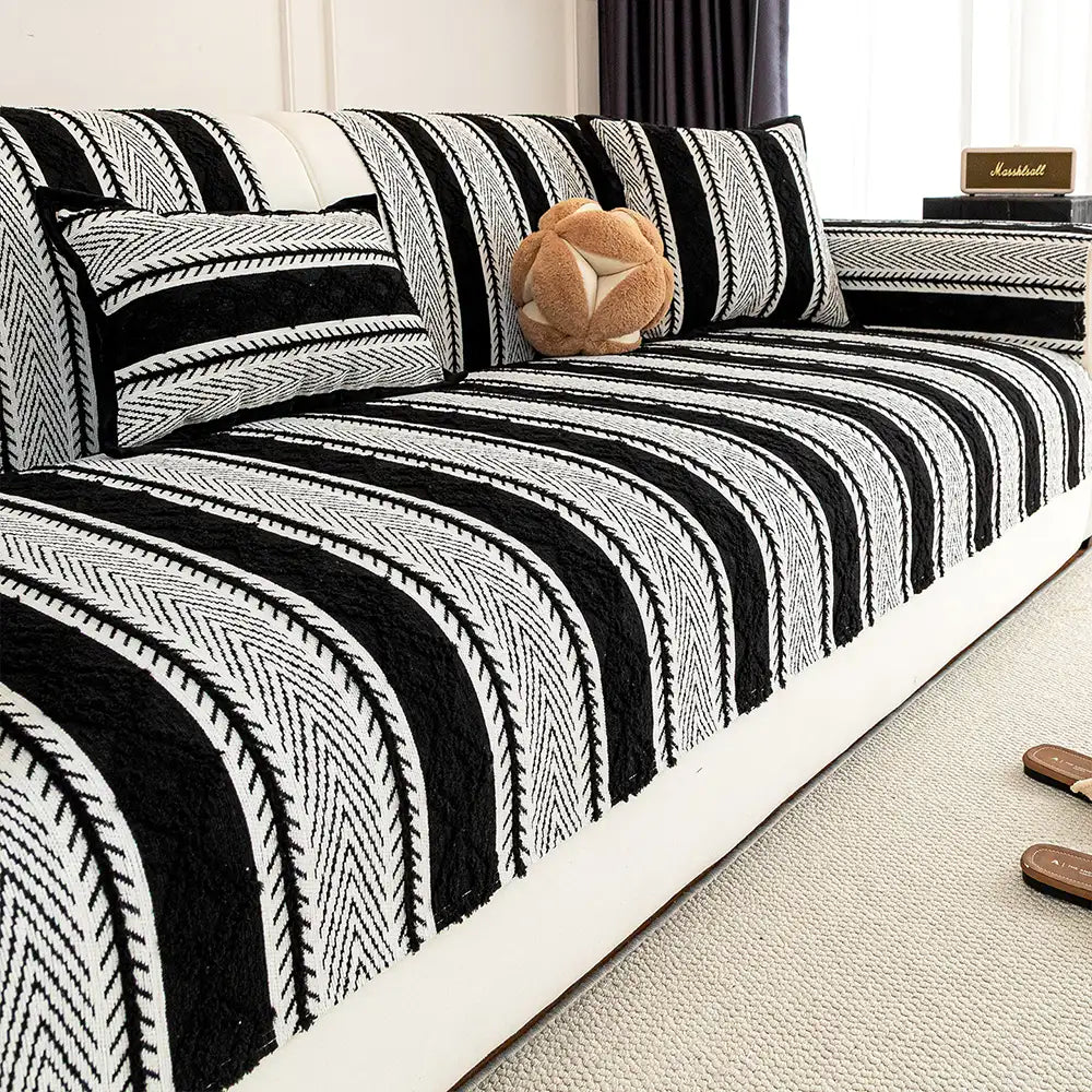 Color-Block Striped Chenille Non-Slip Couch Cover — All-Season Protection and Cozy Fit