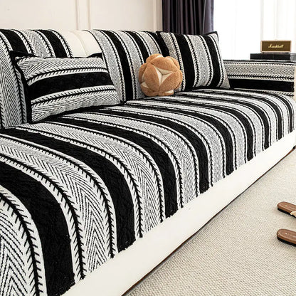 Color-Block Striped Chenille Non-Slip Couch Cover — All-Season Protection and Cozy Fit