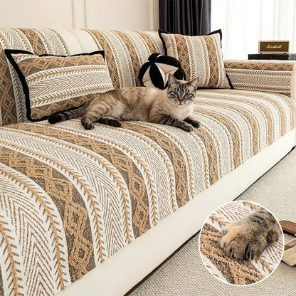Color-Block Striped Chenille Non-Slip Couch Cover — All-Season Protection and Cozy Fit