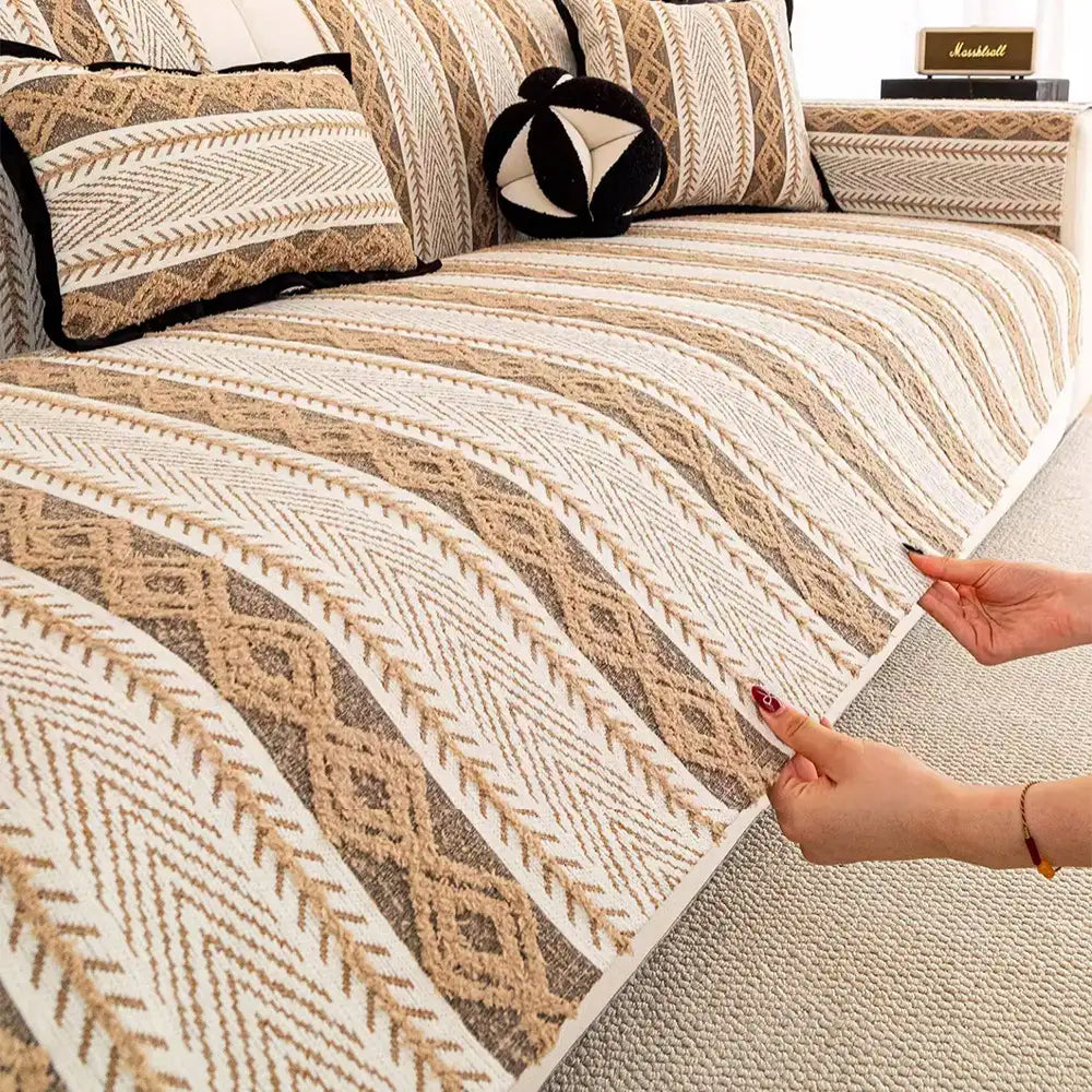 Color-Block Striped Chenille Non-Slip Couch Cover — All-Season Protection and Cozy Fit