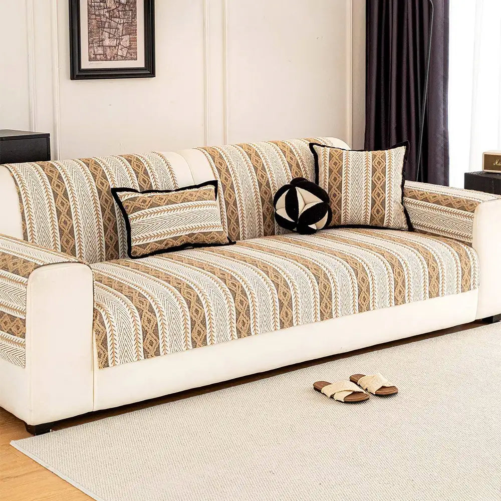 Color-Block Striped Chenille Non-Slip Couch Cover — All-Season Protection and Cozy Fit