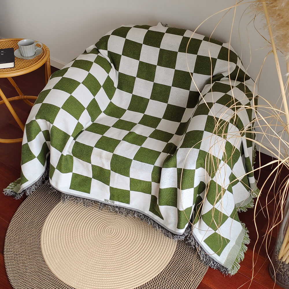 Color Block Checkerboard Fringe Trim Sofa Blanket & Couch Cover – Cozy & Protective