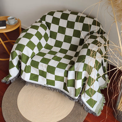 Color Block Checkerboard Fringe Trim Sofa Blanket & Couch Cover – Cozy & Protective