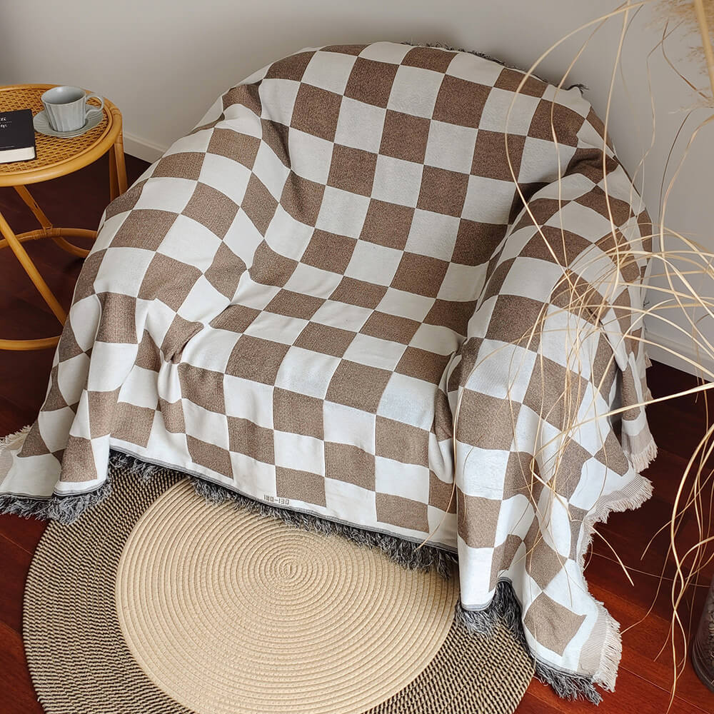Color Block Checkerboard Fringe Trim Sofa Blanket & Couch Cover – Cozy & Protective