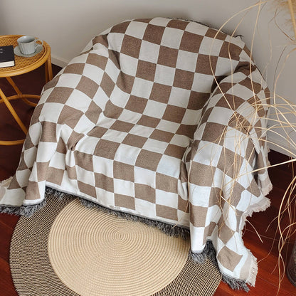 Color Block Checkerboard Fringe Trim Sofa Blanket & Couch Cover – Cozy & Protective