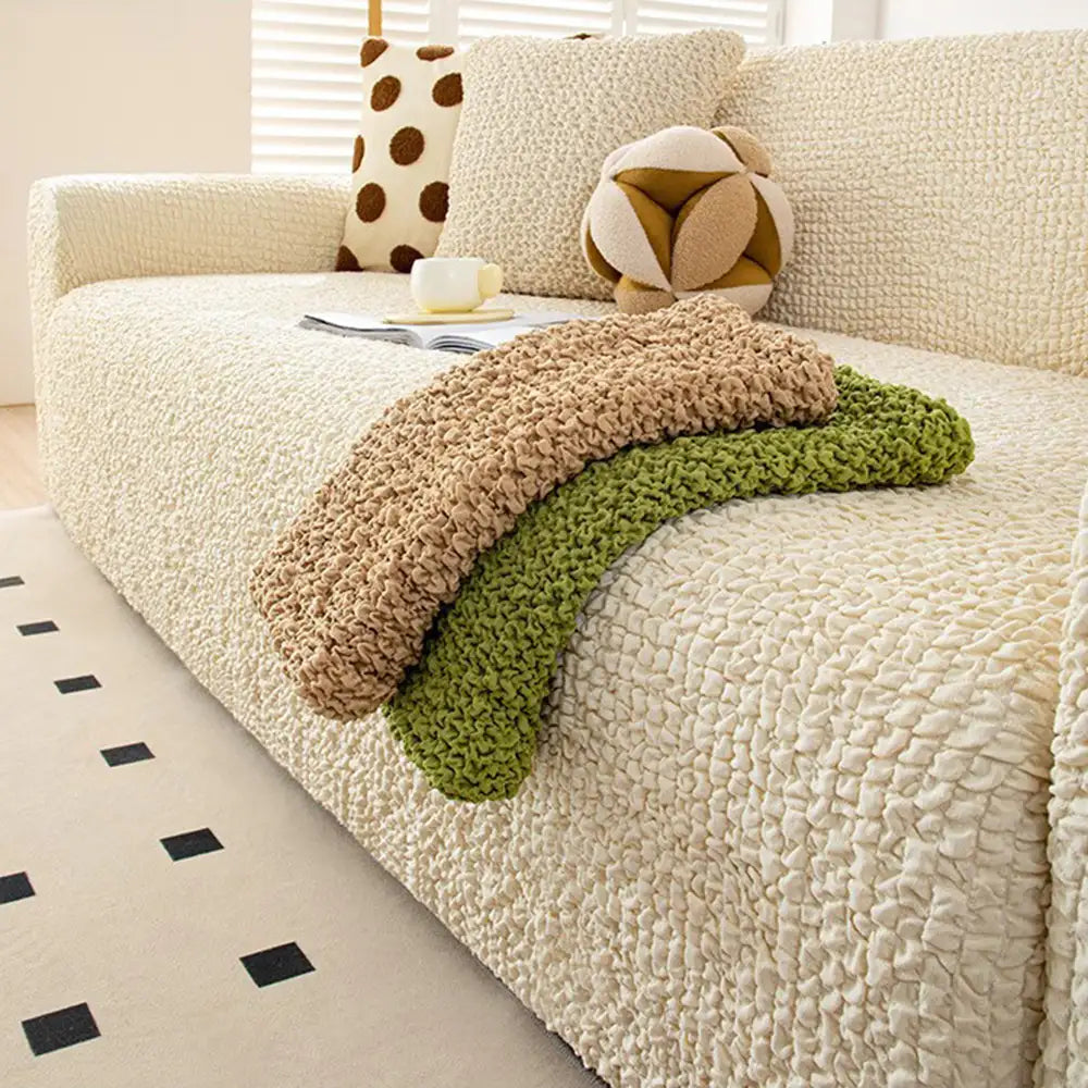 Cream-Style Seersucker Couch Cover - Breathable, Stretchy, Full-Coverage Magic Protector