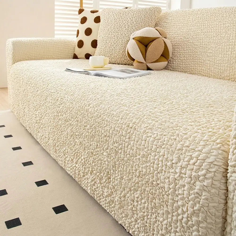 Cream-Style Seersucker Couch Cover - Breathable, Stretchy, Full-Coverage Magic Protector
