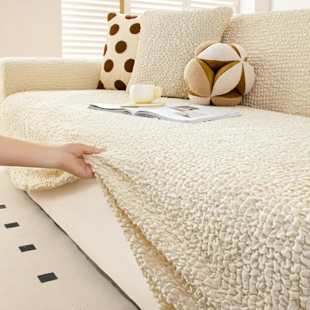 Cream-Style Seersucker Couch Cover - Breathable, Stretchy, Full-Coverage Magic Protector