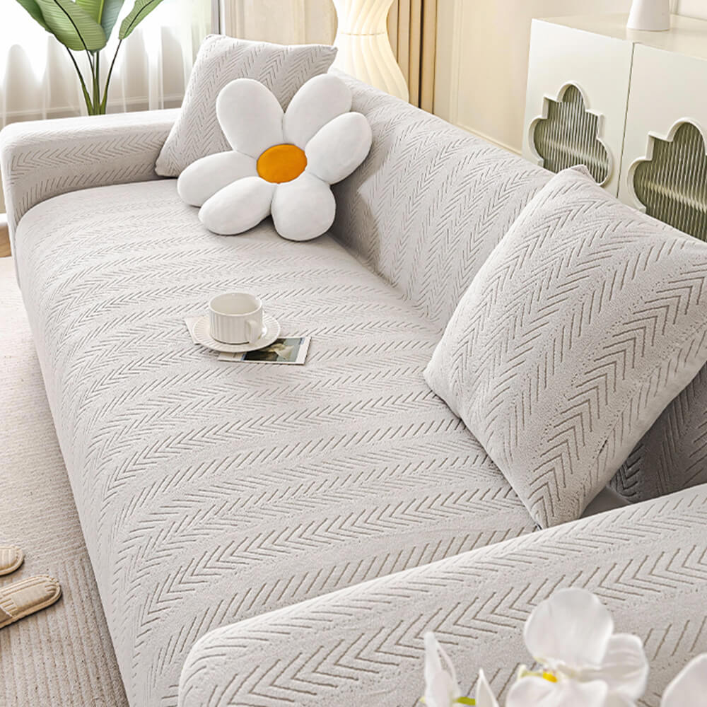 Luxurious Cream Herringbone Stretch Armchair Cover – Elegant Aesthetic, Magic-Fit