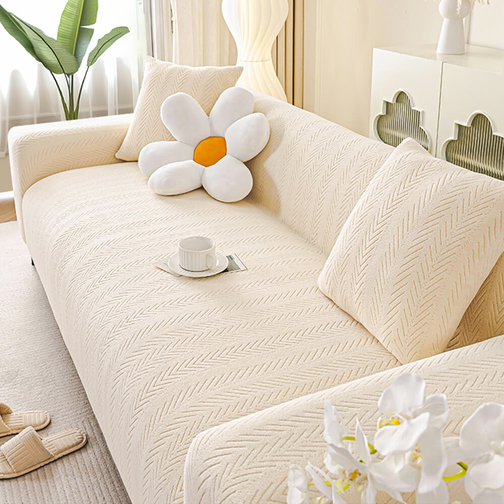 Luxurious Cream Herringbone Stretch Armchair Cover – Elegant Aesthetic, Magic-Fit