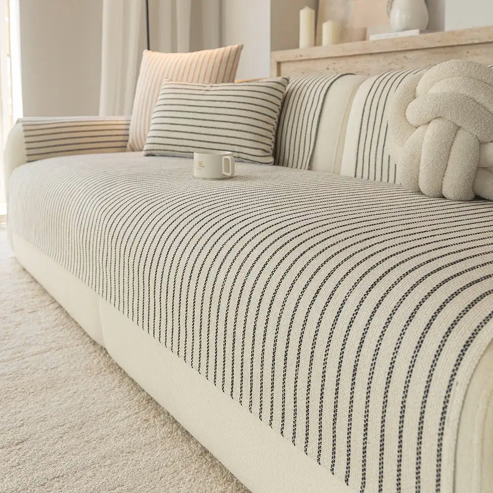 Elegant Faux Cotton-Linen Chenille Striped Couch Cover - Breathable, Scratch-Resistant Protection