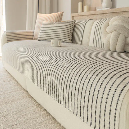 Elegant Faux Cotton-Linen Chenille Striped Couch Cover - Breathable, Scratch-Resistant Protection
