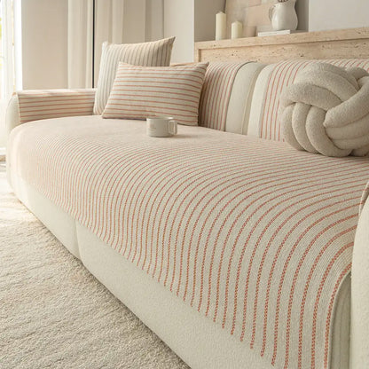 Elegant Faux Cotton-Linen Chenille Striped Couch Cover - Breathable, Scratch-Resistant Protection