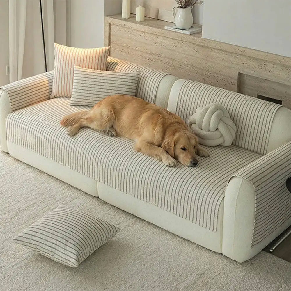 Elegant Faux Cotton-Linen Chenille Striped Couch Cover - Breathable, Scratch-Resistant Protection