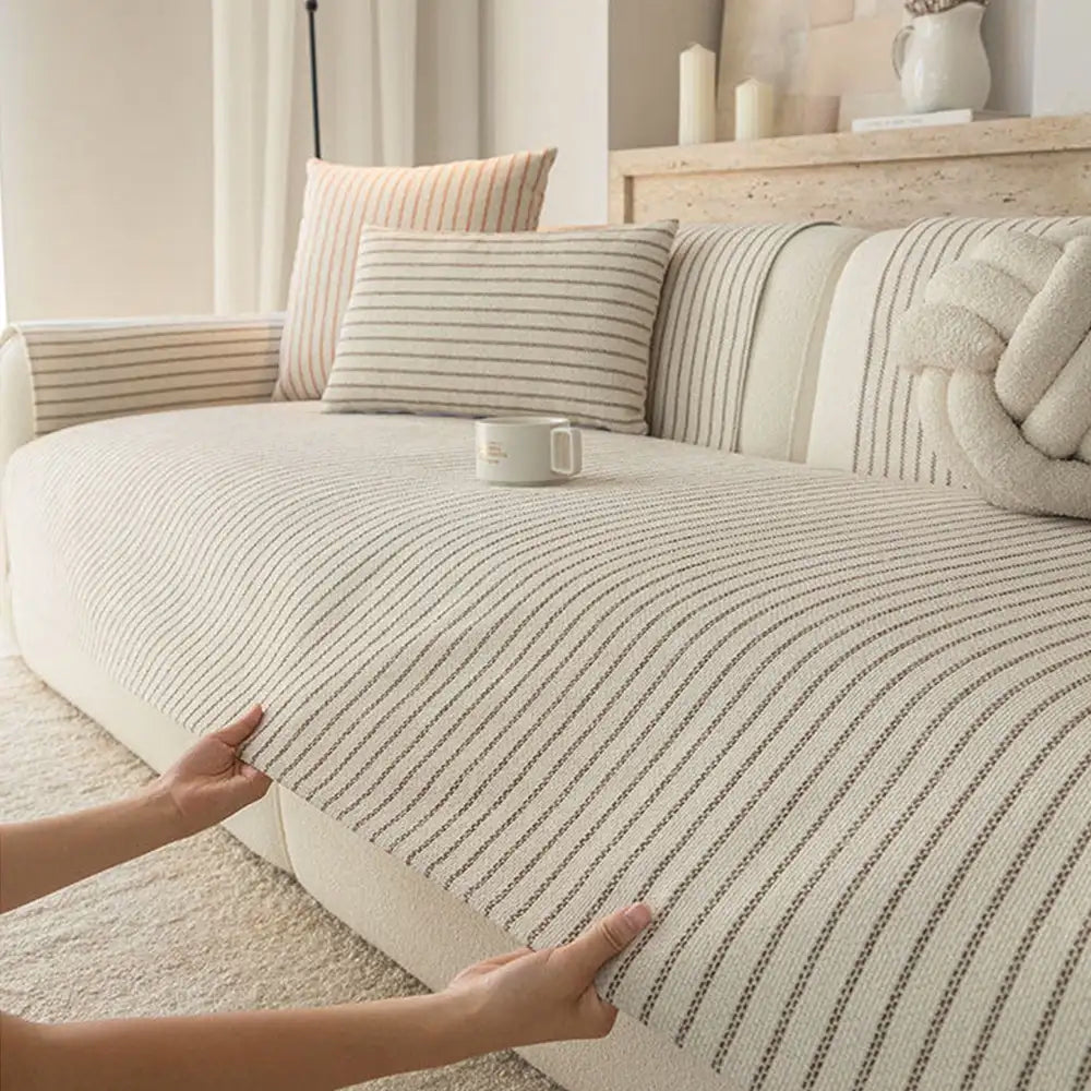 Elegant Faux Cotton-Linen Chenille Striped Couch Cover - Breathable, Scratch-Resistant Protection
