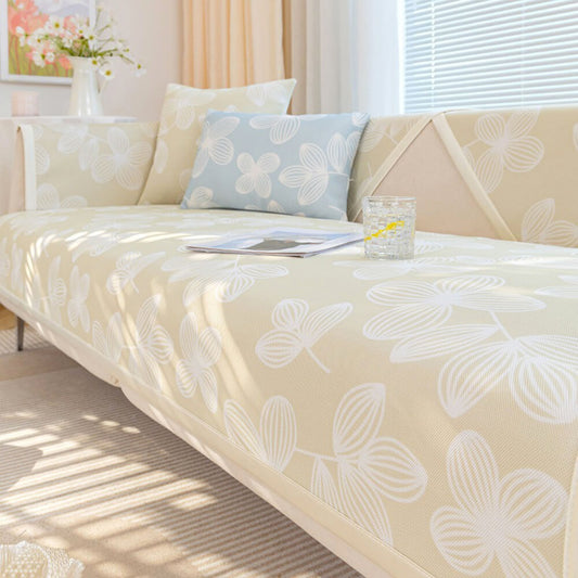 Fresh Floral Ice-Silk Cooling Couch Cover with Non-Slip Grip
