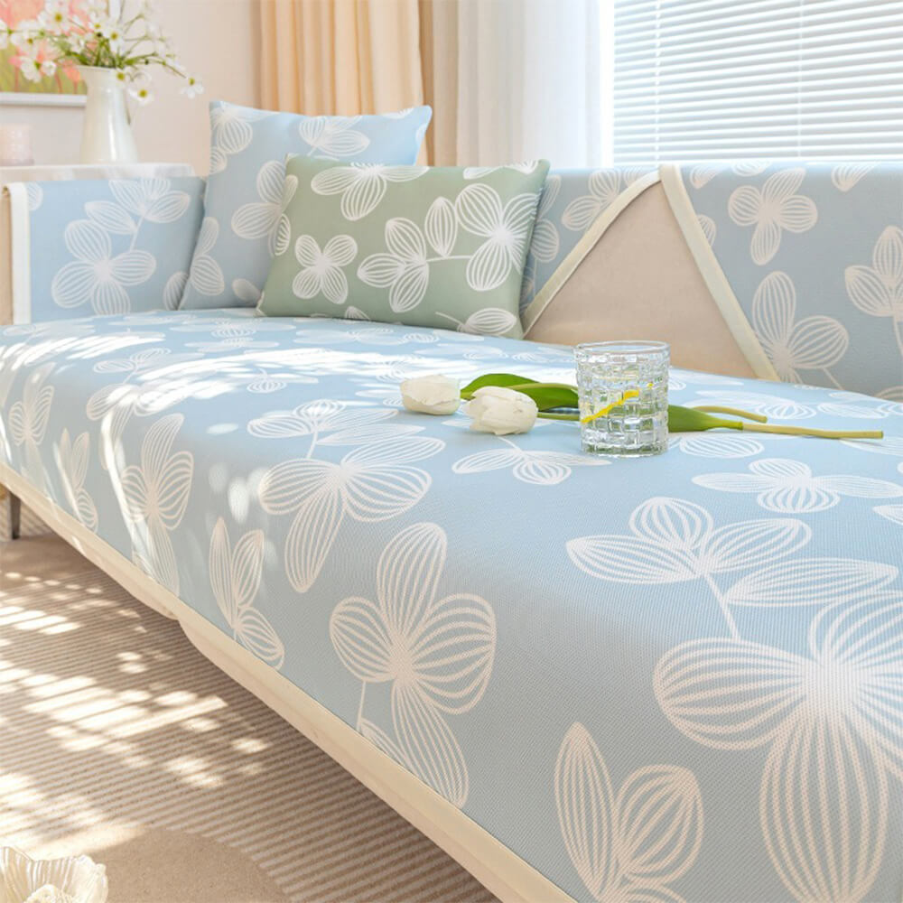 Fresh Floral Ice-Silk Cooling Couch Cover with Non-Slip Grip