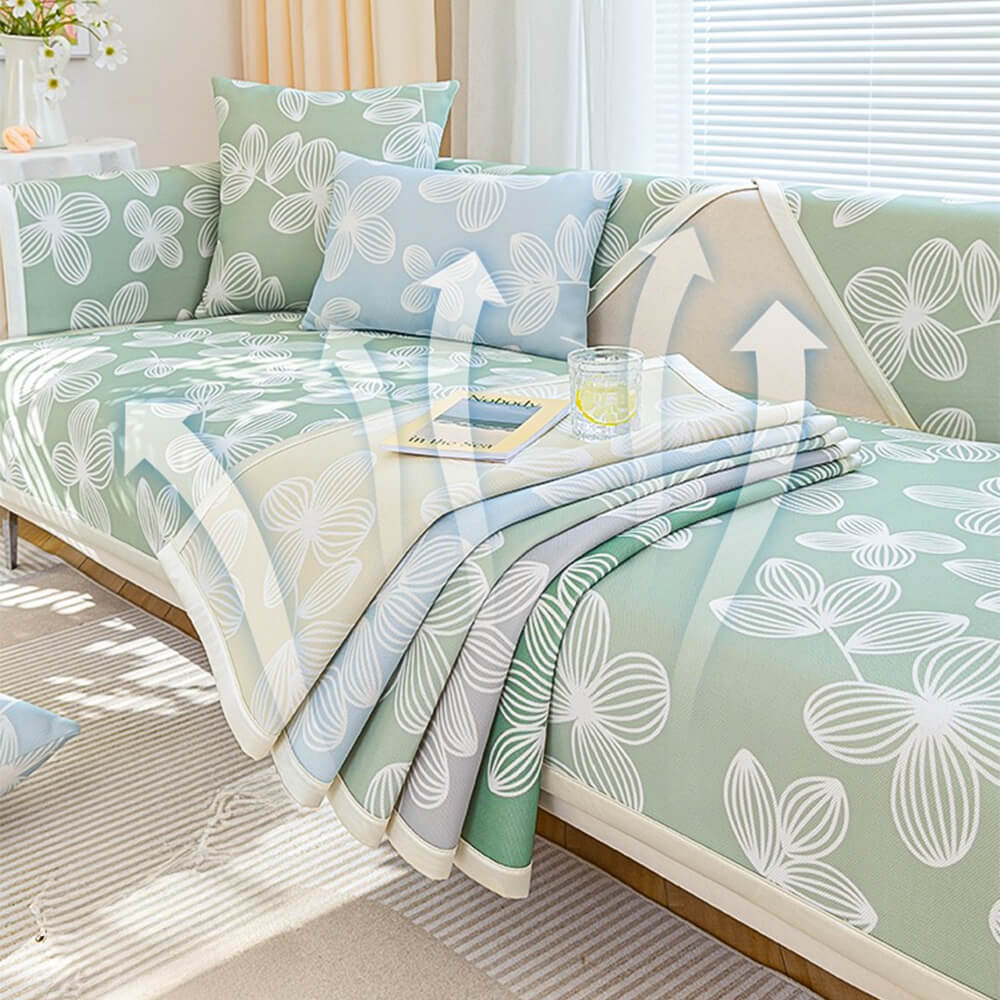 Fresh Floral Ice-Silk Cooling Couch Cover with Non-Slip Grip